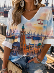 Damen-Waffel-T-Shirt mit Hamburger Hafen-Kunstdruck