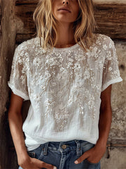 Damen-Edel-T-Shirt im Boho-Stil mit Blumenmuster und kurzen Ärmeln aus Leinen
