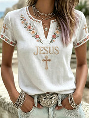 Damen-JESUS-Print-Lässiges T-Shirt mit V-Ausschnitt