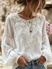 Damen-Elegantes Boho-Hemd aus Baumwolle und Leinen mit Spitzen- und Blumenmuster