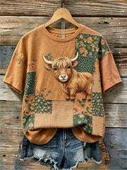 Damen-Highland-Cow-Cottage-Floral-Patchwork-Print-Leinen-T-Shirt mit kurzen Ärmeln