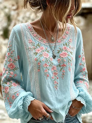 Damen-Top aus Baumwolle-Leinen im Vintage-Stil mit floraler Kunstprint-Optik