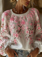 Damen-Top aus Baumwolle-Leinen im Vintage-Stil mit floraler Kunstprint-Optik