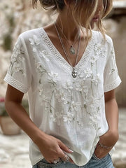 Damen Retro bestickte Blumen kunst Druck lässig Komfort T-Shirt