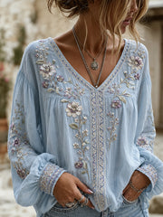 Damen-Top aus Baumwolle-Leinen im Vintage-Stil mit floraler Kunstprint-Optik
