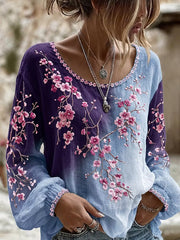 Damen-Top aus Baumwolle-Leinen im Vintage-Stil mit floraler Kunstprint-Optik