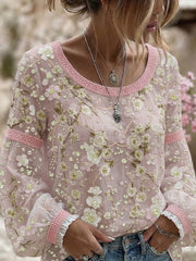 Damen-Top aus Baumwolle-Leinen im Vintage-Stil mit floraler Kunstprint-Optik