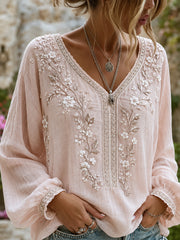 Damen-Top aus Baumwolle-Leinen im Vintage-Stil mit floraler Kunstprint-Optik