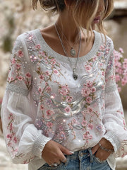 Damen-Top aus Baumwolle-Leinen im Vintage-Stil mit floraler Kunstprint-Optik