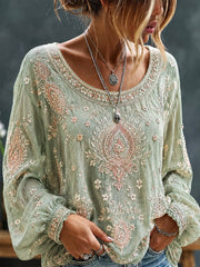 Damen-Top aus Baumwolle-Leinen im Vintage-Stil mit floraler Kunstprint-Optik