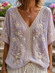 Damen-Top aus Baumwolle-Leinen im Vintage-Stil mit floraler Kunstprint-Optik