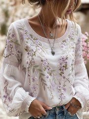 Damen-Top aus Baumwolle-Leinen im Vintage-Stil mit floraler Kunstprint-Optik
