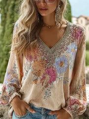Damen-Top aus Baumwolle-Leinen im Vintage-Stil mit floraler Kunstprint-Optik
