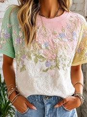 Damen-Top aus Baumwolle-Leinen im Vintage-Stil mit floraler Kunstprint-Optik