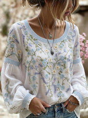 Damen-Top aus Baumwolle-Leinen im Vintage-Stil mit floraler Kunstprint-Optik
