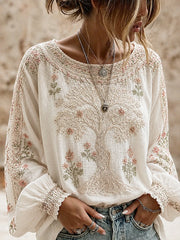 Damen-Top aus Baumwolle-Leinen im Vintage-Stil mit floraler Kunstprint-Optik