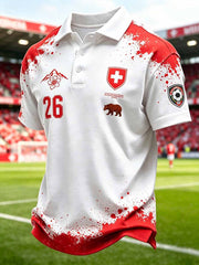 Herren-Poloshirt im Stil eines Kunstdrucks der Schweizer Fussballliga, lässig geschnitten