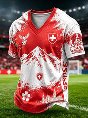 Künstlerischer Aquarell-Druck eines Schweizer Fußballspielers auf lässigem T-Shirt für Herren