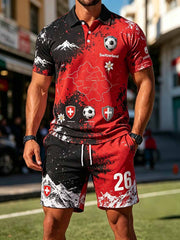 Herren-Print-Poloshirt-Set im Stil der Schweizer Fussballliga, lässig und stilvoll
