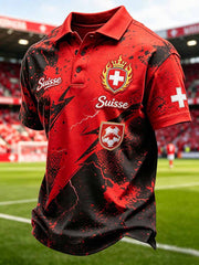Herren-Poloshirt im Stil eines Kunstdrucks der Schweizer Fussballliga, lässig geschnitten