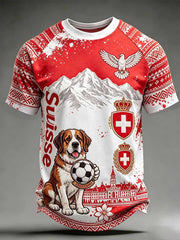 Künstlerischer Aquarell-Druck eines Schweizer Fußballspielers auf lässigem T-Shirt für Herren