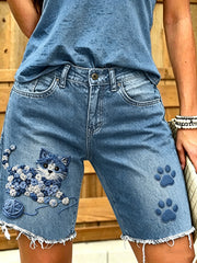 Damen-Jeans mit kurzer Länge und tierischem Katzen-Print