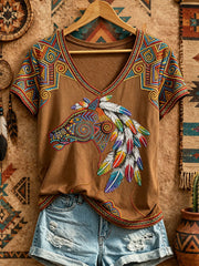 Damen-T-Shirts mit V-Ausschnitt und indianischem Pferdemotiv