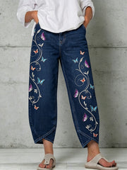 Damen-Hose mit Tier- und Schmetterlingskunstdruck