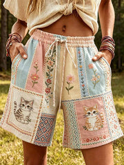 Damenmode Freizeithose mit Katzenmuster-Druck