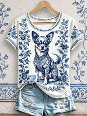 Damen-T-Shirts mit Blumen- und Hundeprint