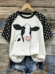 Damen-T-Shirt mit Kuhmuster und Polka-Dots, Raglanärmel, aus Leinen, kurzärmlig