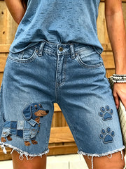 Damen-Jeans mit kurzer Länge und tierischem Hunde-Druck