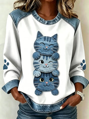 Damen-Sweatshirt mit Katzen-Print, Kragen und langen Ärmeln