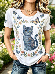 Damenmode Freizeit-T-Shirt mit Katzenmuster-Druck