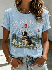 Damen-T-Shirt mit kurzen Ärmeln und Print-Elementen von schneebedeckten Bergen, Tieren und Blumen