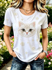Damenmode Freizeit-T-Shirt mit Katzenmuster-Druck