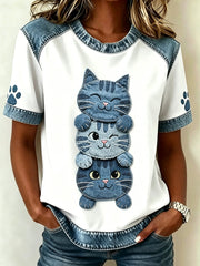 Damen-T-Shirt mit tierischem Katzen-Print, im Vintage-Stil, modisch und weit geschnitten, mit kurzen Ärmeln