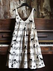 Damenkleid mit Notenblatt- und Katzen-/Pfotenabdruck-Motiv, V-Ausschnitt