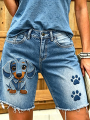 Damen-Jeans mit kurzer Länge und tierischem Hunde-Druck