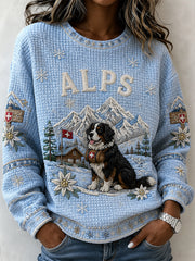 Damen-Sweatshirt aus Waffelpiqué mit Schneeberg-, Tier- und Blumenmuster