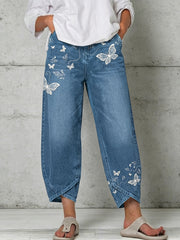 Damen-Hose mit Tier- und Schmetterlingskunstdruck
