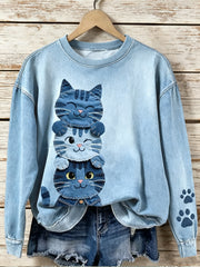 Damen-Denim-Sweatshirt mit Katzen-Print, Rundhalsausschnitt und langen Ärmeln