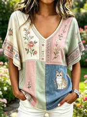 Damenmode Freizeit-T-Shirt mit Katzenmuster-Druck