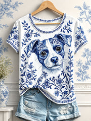 Damen-T-Shirts mit Blumen- und Hundeprint