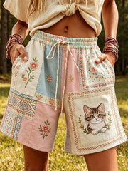 Damenmode Freizeithose mit Katzenmuster-Druck