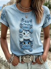 Damen-T-Shirt mit tierischem Katzen-Print, im Vintage-Stil, modisch und weit geschnitten, mit kurzen Ärmeln