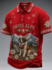Herren-Poloshirt mit kurzen Ärmeln, Schneeberg-, Tier- und Blumenmuster