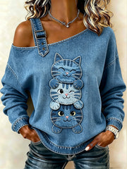 Damen-Sweatshirt mit tierischem Katzen-Print, einseitig schulterfrei, lässiger Stil