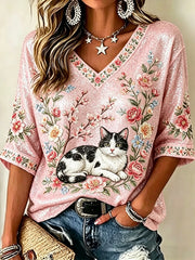 Frauen Blumen und Katzen V-Ausschnitt T-Shirt