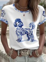 Damen-T-Shirt im chinesischen Stil mit Tiermotiv und Blau-Weiß-Porzellan-Print
